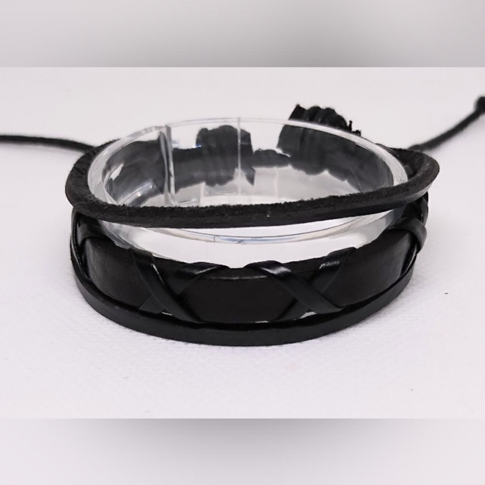 Men's bracelet leather braided layered black‎ new e7